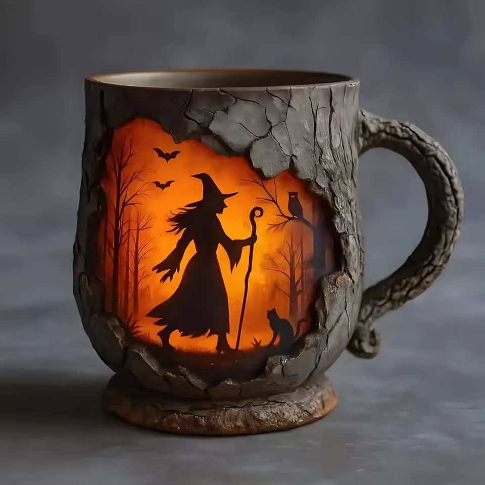 Ručně vyráběný 3D Halloween Hrnek – Motiv čarodějnice a kočky