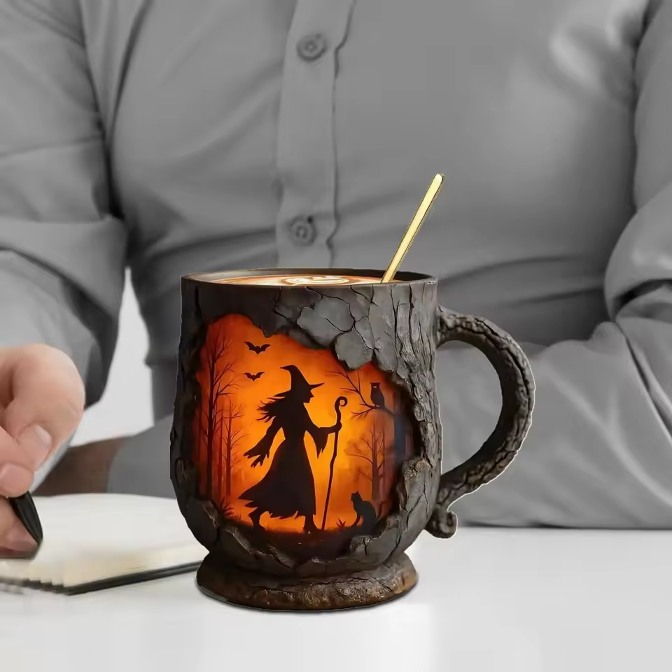 Ručně vyráběný 3D Halloween Hrnek – Motiv čarodějnice a kočky