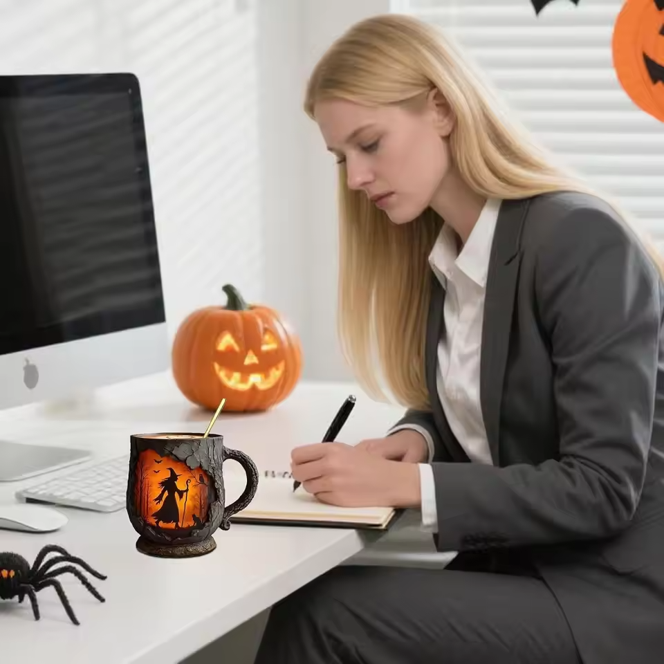 Ručně vyráběný 3D Halloween Hrnek – Motiv čarodějnice a kočky